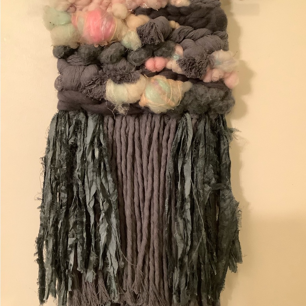 Macrame Woven Wall Hanging in Charcoal gray and Pink, Macrame, sari ribbon